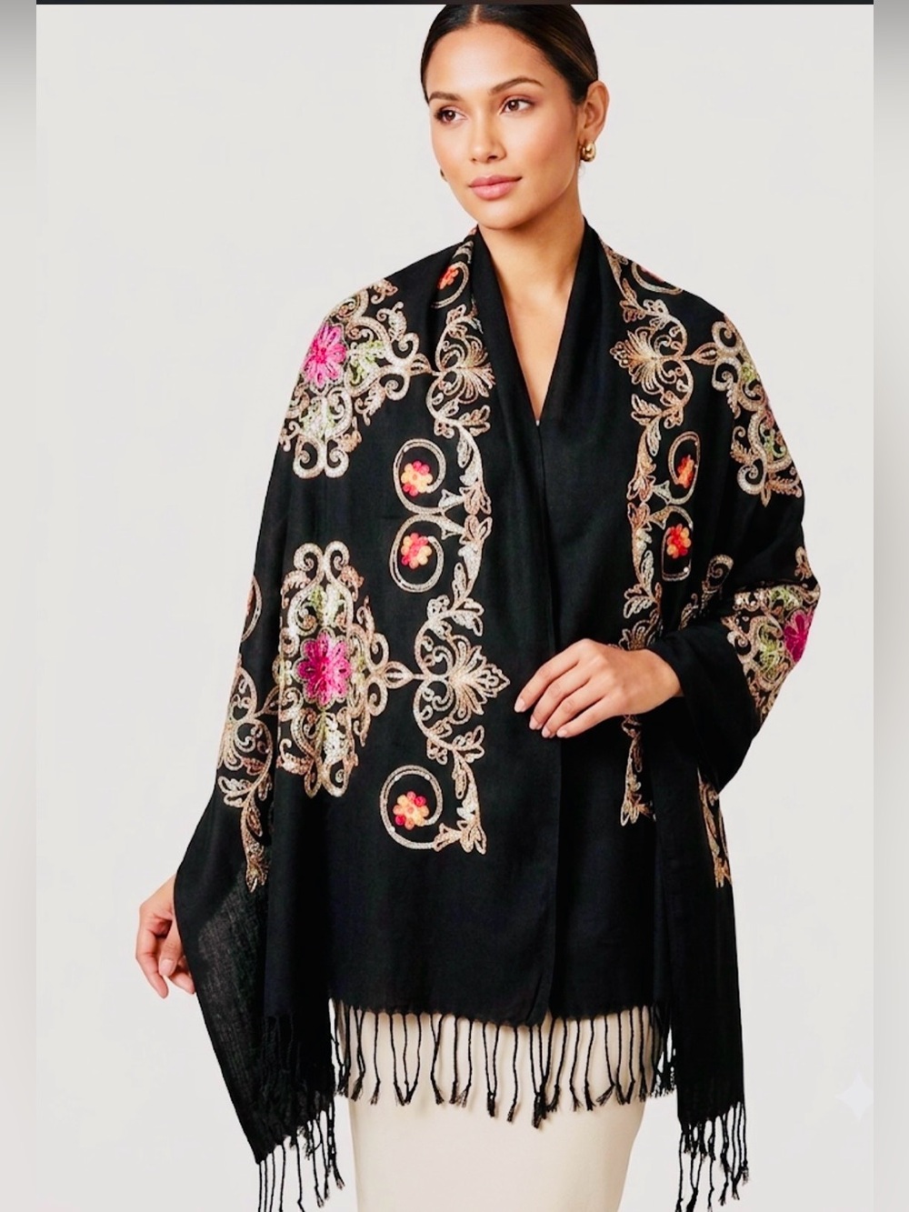 NWT Artisan Black Pashmina Shawl Hand Embroidered Gold Floral Sequin Wrap 72x28